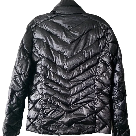 Black Puffer Jacket Full Zip W Hidden Hood Sz Lg - Picture 5 of 6